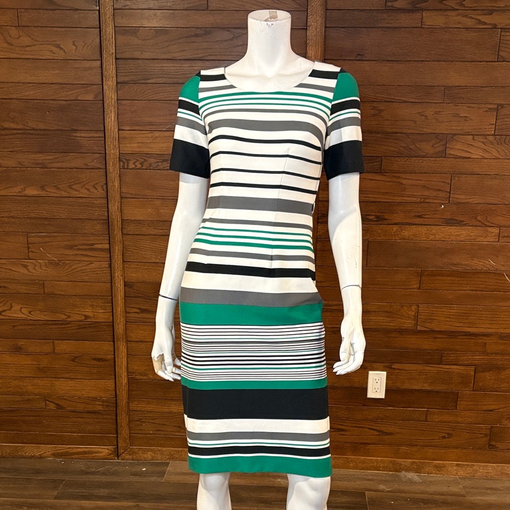 Elegant Striped Midi Dress in Green, Black, and White